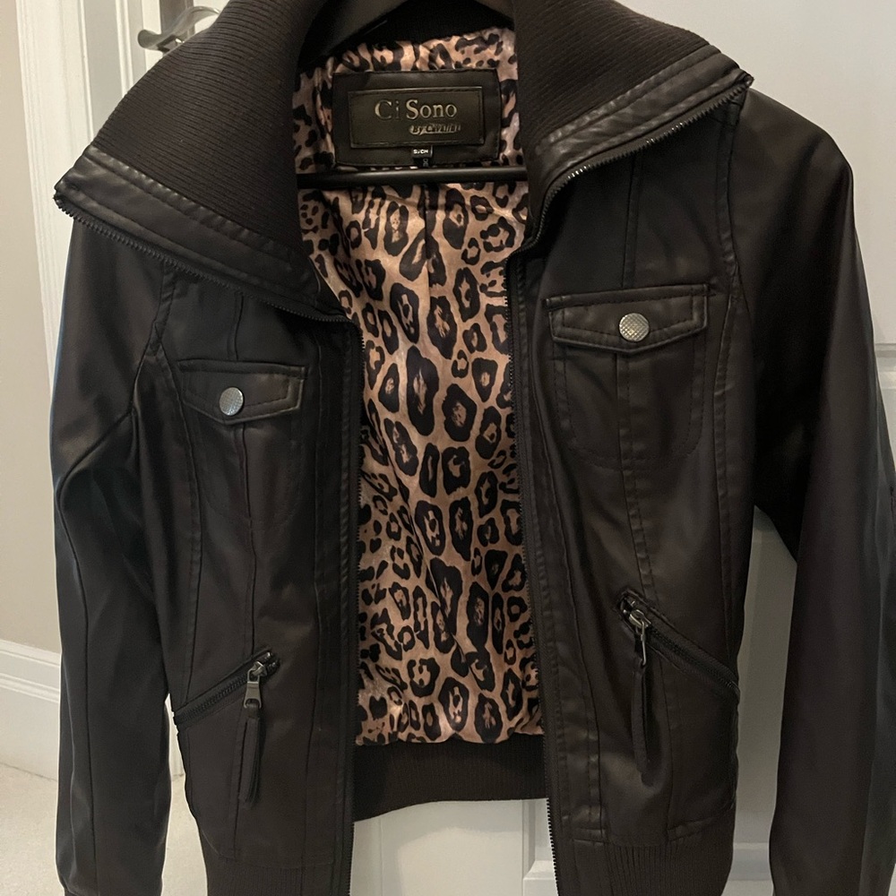 NWOT- Vegan brown leather jacket- gorgeous. Small. Very fitted -would fit XS